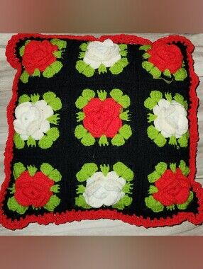 Vintage Crochet 3D Rose Granny Square Pillow 14"x14"